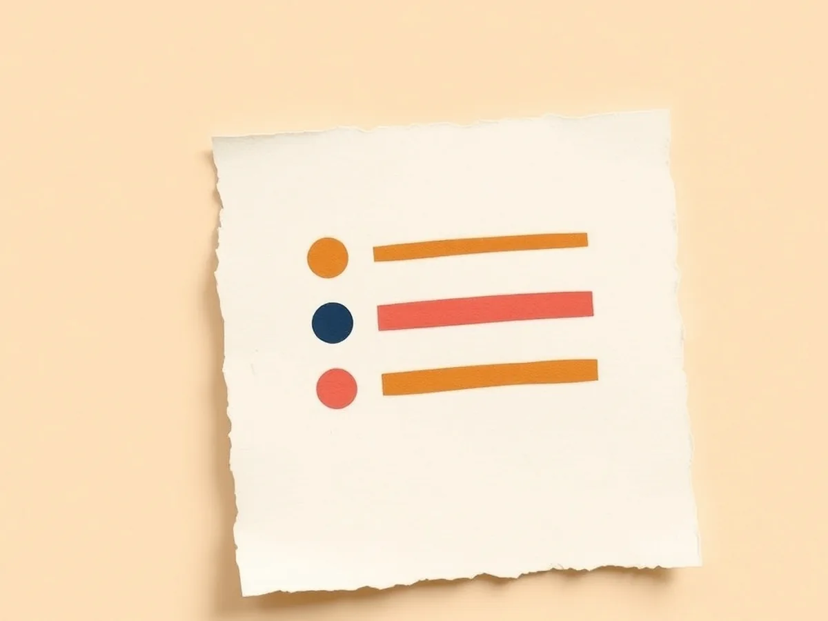 Torn cream paper card with a three-dot bullet list and coral margin ticks, illustrating an AI-generated reading comprehension question bank