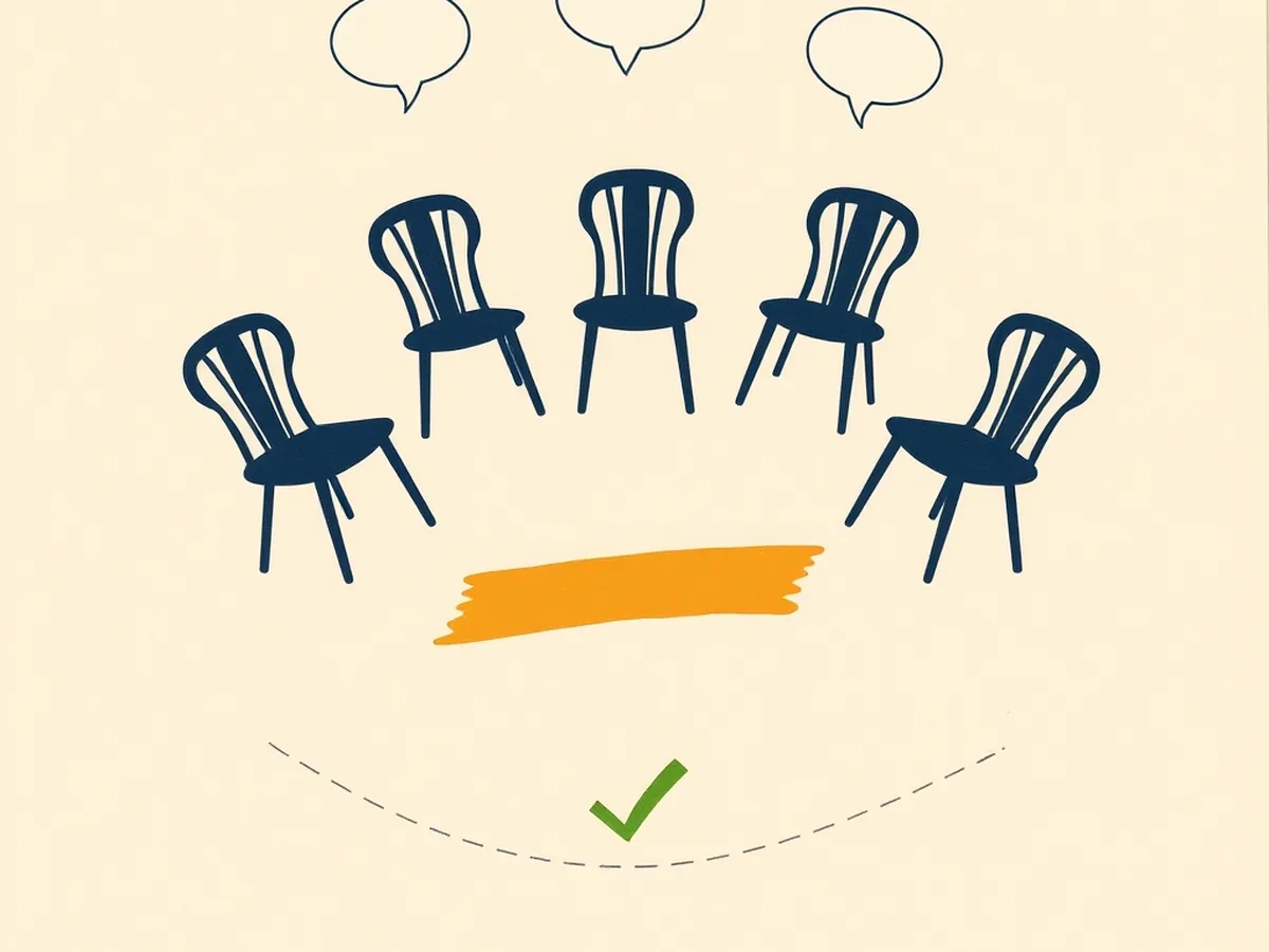 Five paper chair cut-outs in a discussion circle with coral speech bubbles, for AI-prompted small-group reading discussion