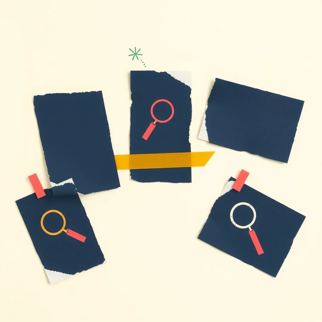 Five repeated paper cards each stamped with a magnifying glass doodle, illustrating the pattern-recognition repetition of the station rotation method