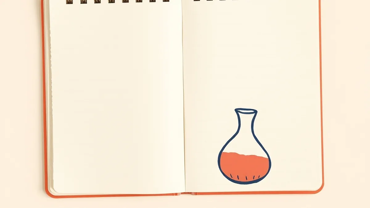 Paper collage of an open science notebook and a beaker doodle on a warm cream desktop, representing using AI in middle school science class grades 6-8