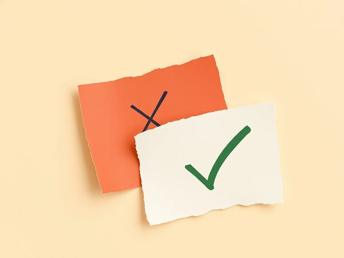 Paper-collage of a coral card with a navy X beside a cream card with a green checkmark, illustrating an AI error-analysis accuracy check activity