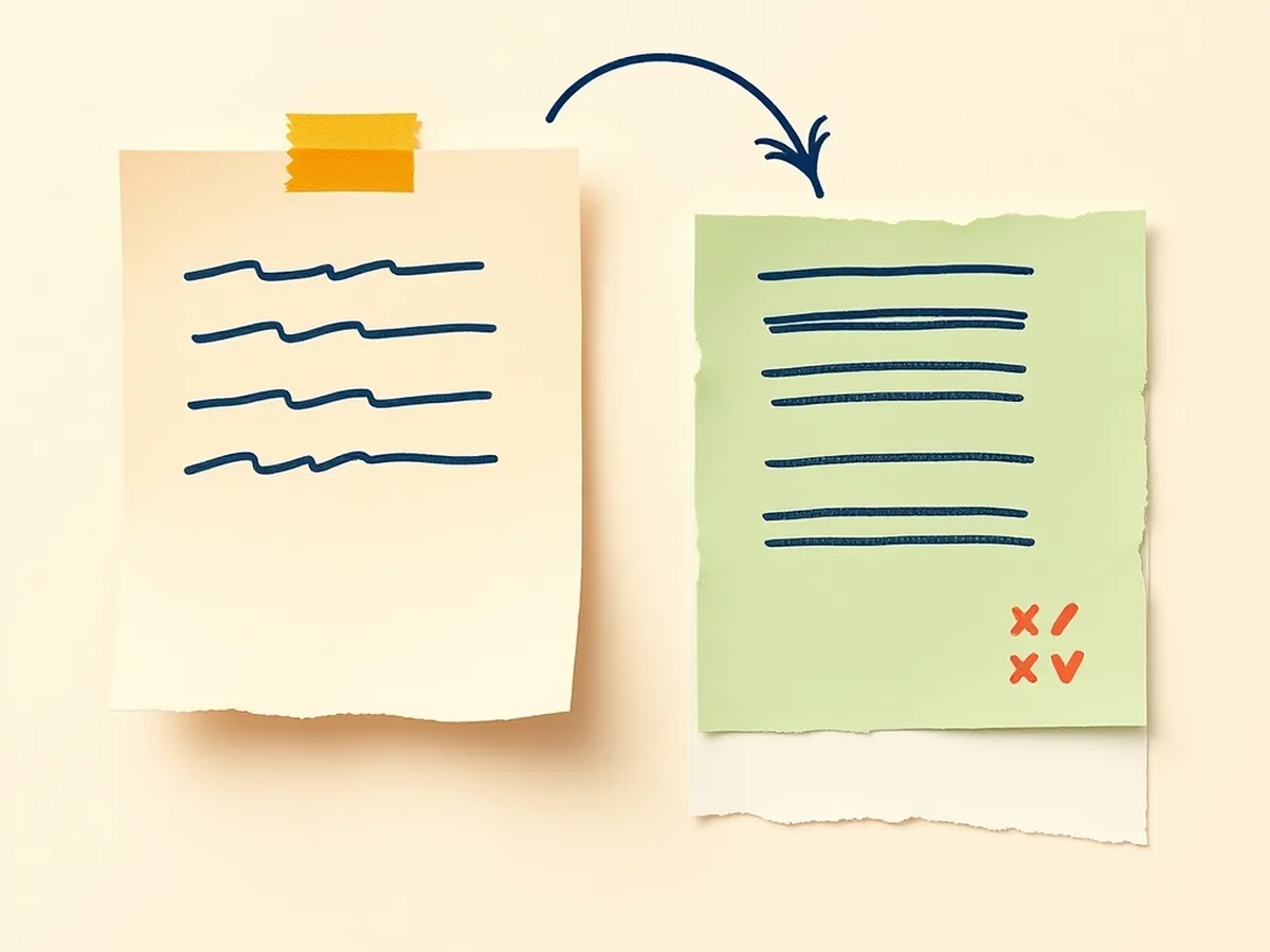 Cream student draft card and green feedback card connected by a navy arrow, illustrating the AI-teacher annotation feedback loop