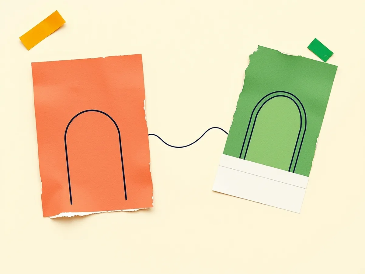 Coral and green paper scraps with contrasting arch silhouettes connected by a thread doodle, representing cross-cultural comparison in world language AI activities