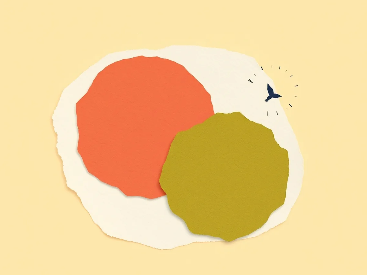 Three overlapping torn-paper circles in coral, mustard, and green with radiating scraps, representing cross-subject AI literacy integration